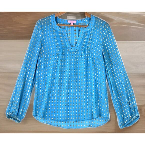 Lilly Pulitzer Tops - Lilly Pulitzer Colby Blue Silk Tunic Long Sleeve Blouse Sheer Gold Metallic Sm